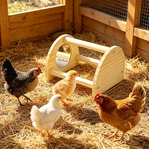 Pine Chicken Perch with Mirror, Strong Chick Jungle Gym Roosting Bar, Chicken Toys for Coop and Brooder, Training Perch Toys for Large Bird, Parrot