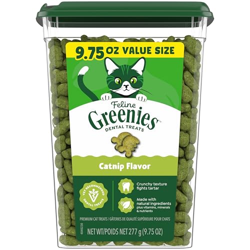 Greenies Cat Treats, Feline Veterinarian-Recommended Adult Natural Dental Treats, Catnip Flavor, 9.75 oz. Tub