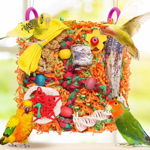 Bird Toys for Small & Medium Parrots - Natural Foraging & Shredding Cage Hanging Toys with Seagrass Mat, Starfruit, Loofah Slices for Budgies