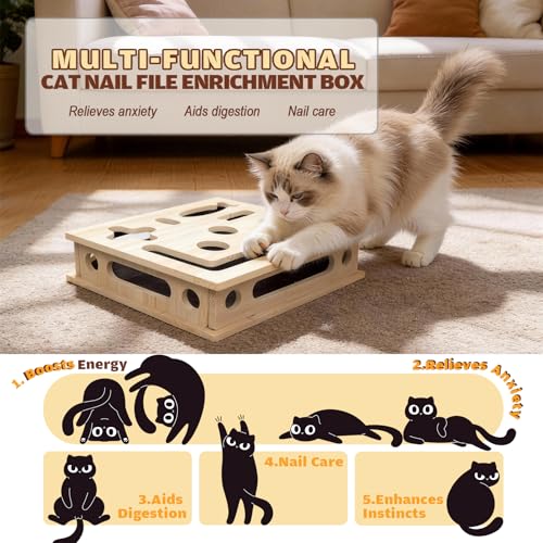 Cat Scratch Puzzle Enrichment Box, Large Solid Wood Construction Cat Nail File Enrichment Box with Sandpaper Inside, Cat Nail File Box Stress Free