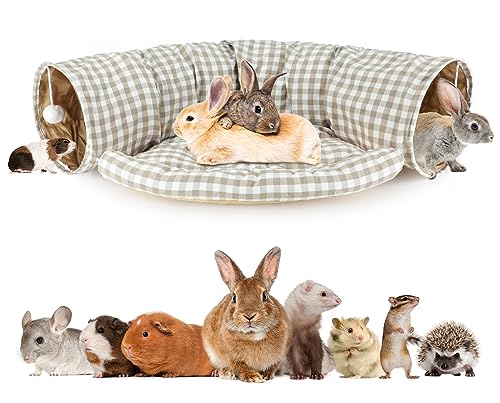 BWOGUE Bunny Tunnel Bed, 2-in-1 Collapsible Tunnel Tubes Toys with Removable Mat Hideout for Cats Kittens Rabbits Guinea Pigs Kitty