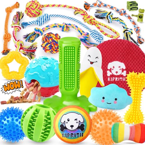 KIPRITII 25 Pack Various Dog Toys Set – Ideal for Teething, Entertainment & Interactive Play, Includes Puppy Toys, Rope Toys, Treat Balls and Squeaky