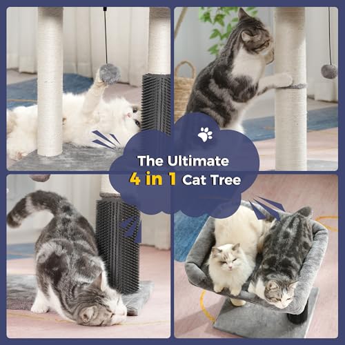 Cat Tree Tower for Large Cats Cat Scratching Post with 20x15.7”Wide Top Bed, Self Groomer, Thick Scratch Post [Dia=4.5”] and Danging Ball Great for