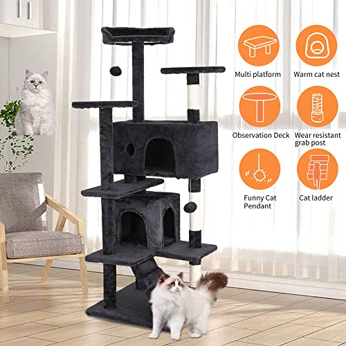BestPet | 54" Cat Tree Tower | Dark Gray | Sturdy, Easy to Assemble, Multi-Level Activity Center with Sisal Scratching Posts, Condos, Perches