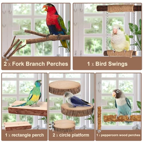 7-Piece Bird Perches for Cage- Wooden Parrot Stand with Fork Toys, Hanging Multi-Branch Platform, Hammock Swing, Gym Playstand & Chewing Toys - for