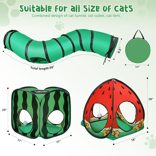 Tailtastic 3-in-1 Watermelon Cat Play Tunnel with Pop-Up Cube & Triangle Cat Tent, Interactive Toy Ball & Foldable Design - Easy Magic Tape Assembly