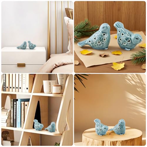 Pair of Blue Bird for Home Decor, Farmhouse Ceramic Bird Statue Sculpture Birds Ornaments, Small Decor for Shelves Entryway TV Stand Bookcase, Garden