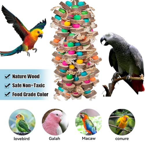 Large Bird Toys for Macaws, Multicolored Wooden Blocks Bird Chewing Toy Parrot Cage Bite Toy for Macaws Cokatoos African Grey and Large Medium Parrot