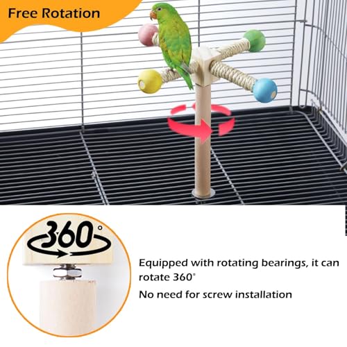 Bird Stand Perch Toy, Interactive Spinning Parakeet Toys, Wooden Exercise Wheel Parrot Toy, Enrichment Cockatiel Toy for Birds Cage, Bird Cage