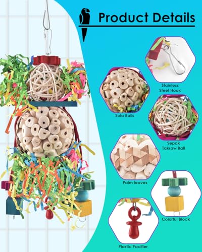 Bissap 2PCS Bird Parrot Foraging Shredder Hanging Toys Sola Balls Sepak Takraw with Pacifier for Small Parrots Parakeets Conures Cockatiels Love