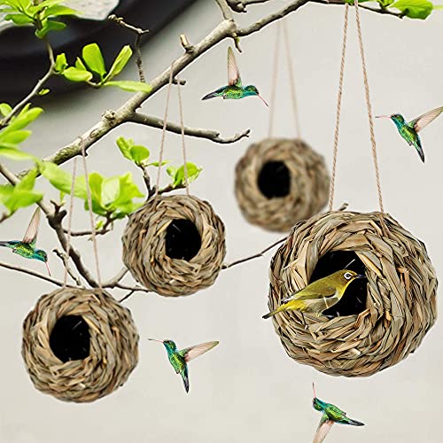 winemana 4 Pack Hanging Bird Nest House for Outside, Ball Shape, Hand Woven, Durable Sturdy, Made of Natural Grass, Perfect for Garden Patio Lawn