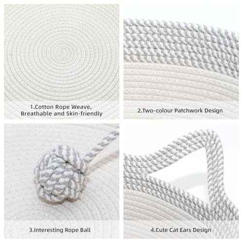 Cotton Rope Woven Cat Bed Basket, Hand Woven with Toy Tail, Small Dogs & Puppies Sleeping Bed, Indoor Cat & Rabbit Basket (Large, Gray & White)