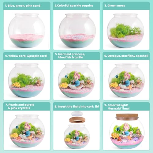 JOYEEMAX Mermaid Light-Up Terrarium Kit for Kids - LED Night Light Birthday Gift for Girls Ages 4 5 6 7 8-12 Year Old - Mermaid Toys for Girls - DIY