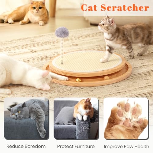 LMUGOOS Cat Scratcher, Cat Natural Sisal Scratching Pad, Kitten Interactive Toy with Ball Track Spring Ball for Chasing Hunting Mental Physical
