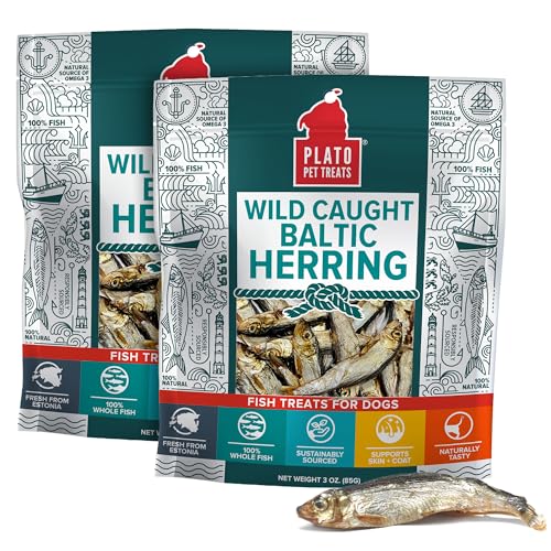 Plato Pet Treats Fish Dog Treats - Air-Dried, Single Ingredient Pet Treat - Omega 3 & 6 Fatty Acids to Support Skin and Coat - 100% Whole Fish - Wild