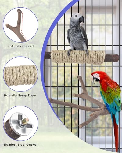 Bissap 5PCS Large Bird Perch Stand, Natural Wood Pole Standing Paw Grinding Fork Parrot Cage Branch with Rope for Macaw African Grey  Pet Medium