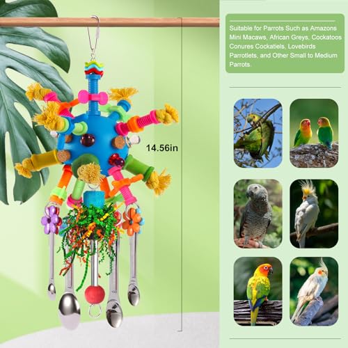 Parrot Toys Bird Toys Perch Pullable Stainless Steel Spoons Colorful Acrylic Stick Chew Toys for s Mini Macaws African Greys Cockatoos Conures