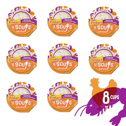 Purina Friskies Grain Free Lickable Cat Food Toppers Lil’ Soups With Shrimp in a Velvety Chicken Broth - (Pack of 8) 1.2 oz. Cups