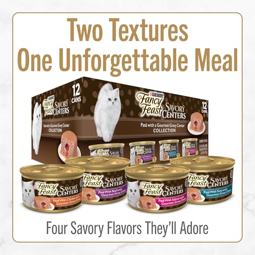 Purina Fancy Feast Savory Centers Wet Cat Food Pate Variety Pack With Chicken, Salmon, Beef, and Tuna Pate with Gravy Center - (2 Packs of 12) 3 oz.