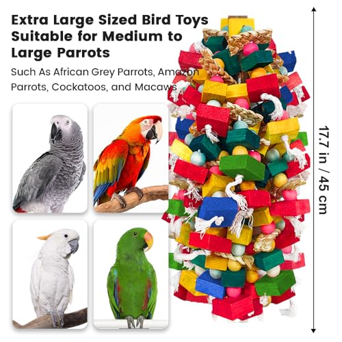 Bird Toys for Large Parrots Colorful Natural Wood Block Parrots Chew Foraging Toys for Bird Cages Cockatoos, Macaws, African Greys, and s