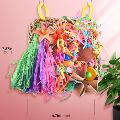 KATUMO Conure Toys, Bird Grass Mat Parakeet Shredder Hanging Toy Cockatiel Foraging Entertainments Parrot Climbing Wall Chewy Lovebird Cage
