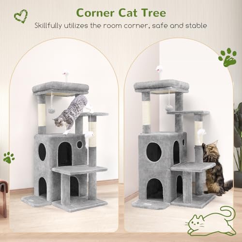 Globlazer Cat Tree Tower for Indoor Cats, 50-inch Adult Cat Tree House for Large Adult Cats with Steps, Scratching Post, 2 Cat Caves, Dangling Toys
