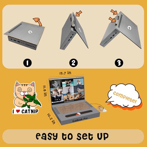 3-in-1 Cardboard Cat Scratcher Laptop with 'Mouse' Jingle Ball, Stickers, Grey Cat Interactive Toy, Kitten Toy & Cat Scratching Pad