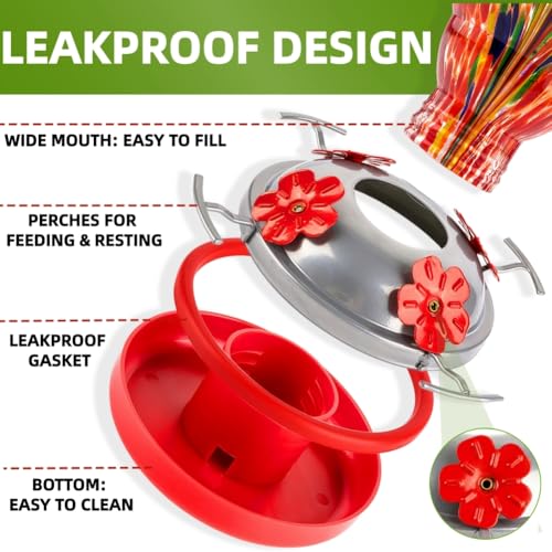 WOSIBO Hummingbird Feeder for Outdoors Patio Large 32 Ounces Colorful Hand Blown Glass Hummingbird Feeder with Ant Moat Hanging Hook, Rope, Brush and
