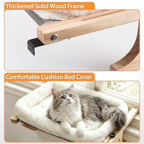 AMOSIJOY Cat Sill Window Perch Sturdy Hammock Window Seat with Cushion Bed Cover, Wood & Metal Frame for Large Cats, Easy to Adjust Cat Bed for Windowsill, Bedside, Drawer and Cabinet(Cushion Bed)
