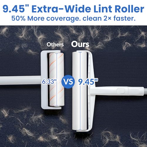 Large Lint Roller for Floors Carpet Furniture Bed – 9.45" Wide Extra Sticky Pet Hair Remover, 4 Refills 360 Sheets Value Pack, Long Handle for