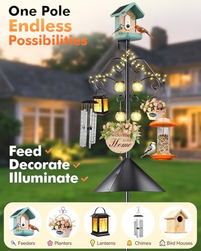 92 Inch Squirrel Proof Bird Feeder Pole with Baffle, 7-Prong Base Heavy Duty Bird House Pole with Shepherd Hooks for Outdoors Adjustable Yard Bird