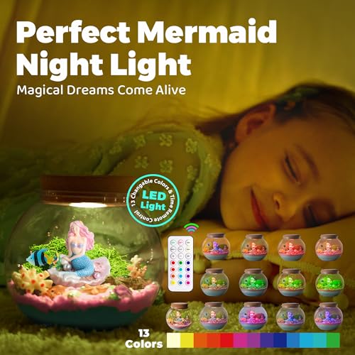 JOYEEMAX Mermaid Light-Up Terrarium Kit for Kids - LED Night Light Birthday Gift for Girls Ages 4 5 6 7 8-12 Year Old - Mermaid Toys for Girls - DIY