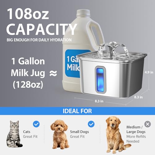 Veken Innovation Award Winner Stainless Steel Cat Water Fountain, 108oz/3.2L Automatic Pet Fountain Dog Water Dispenser with 3 Replacement Filters