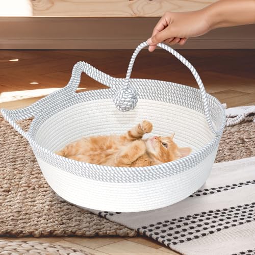 Cotton Rope Woven Cat Bed Basket, Hand Woven with Toy Tail, Small Dogs & Puppies Sleeping Bed, Indoor Cat & Rabbit Basket (Large, Gray & White)