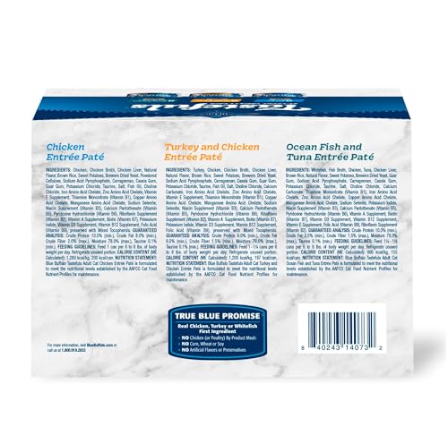 Blue Buffalo Tastefuls Wet Cat Food Paté Variety Pack, Made with Natural Ingredients, Chicken, Turkey & Chicken, Ocean Fish & Tuna Entrées, 5.5-oz
