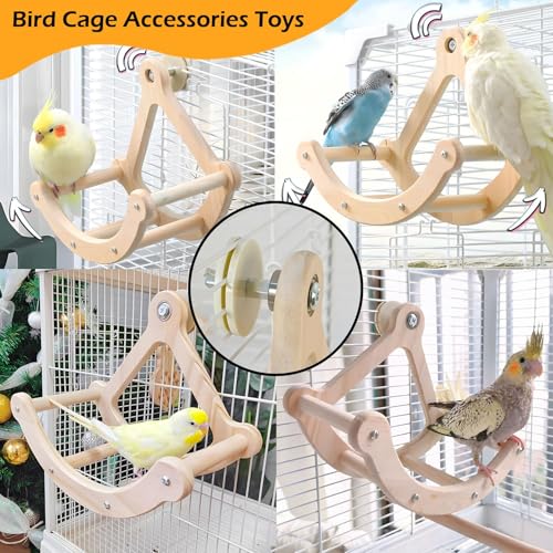 Bird Perch Toy, Interactive Rocking Parakeet Toys and Perches, Wooden Exercise Wheel Cockatiel Toys, Intelligence Puzzle Birds Enrichment Toy for