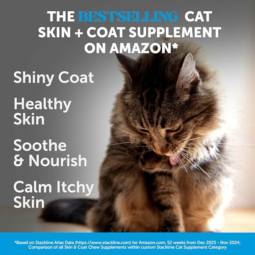 Cat Skin & Coat Health Chews – Crunchy & Creamy Treats with Omegas, Vitamin C & E, Biotin – Soothes Itchy, Dry Skin, Reduces Shedding & Promotes a