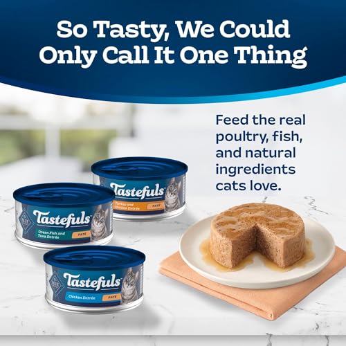 Blue Buffalo Tastefuls Wet Cat Food Paté Variety Pack, Made with Natural Ingredients, Chicken, Turkey & Chicken, Ocean Fish & Tuna Entrées, 5.5-oz