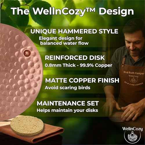 Bird Bath Copper Disk & Maintenance Set, 2 Hammered Style 0.8mm, 99.9% Pure Copper Plate, Rustic Birdbath Accessories for Bowl and Fountain, Supports