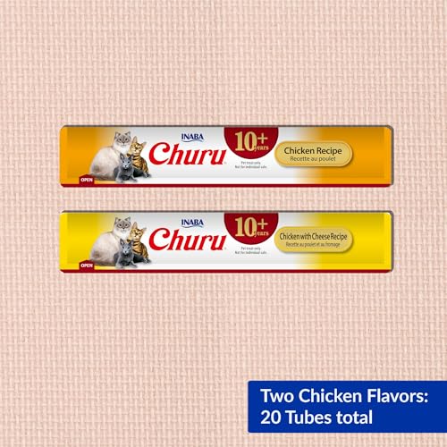 INABA Churu for Senior 10+, Creamy Lickable Cat Treats with Taurine, Vitamin E & C, 0.5 Ounces Each, 20 Tubes, Chicken Variety