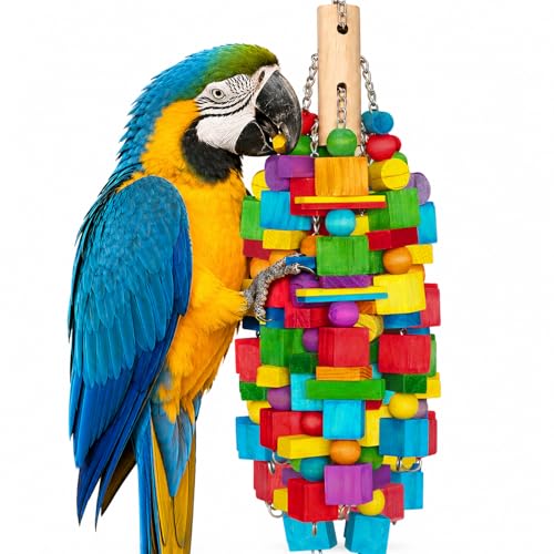 Large Bird Toy, 20 in XL Parrot Toys Natural Wood Blocks Bird Chew Toy for Foraging, Stainless Steel Chain Hanging Cage Toy for Macaws, Cockatoos