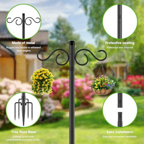 Double Shepherds Hooks for Outdoor,2 Pack 90 Inch Bird Feeder Pole with 5 Prongs Base,Heavy Duty Shepherds Hook,Suitable for Garden in Hanging Flower