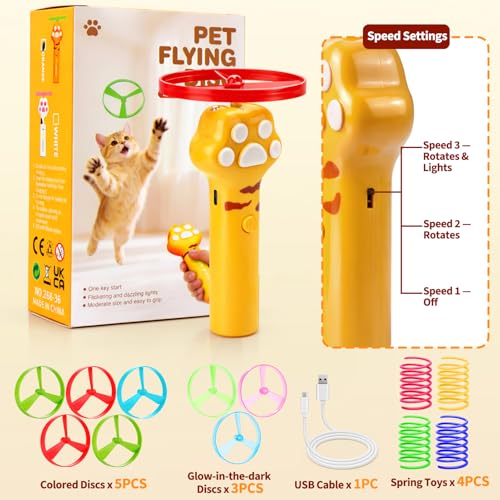 BABORUI Cat Toy Disc Launcher, Rechargeable Interactive Cat Fetch Toy Launcher with 8 Flying Discs, Flying Enrichment Toys for Indoor Bored Kittens