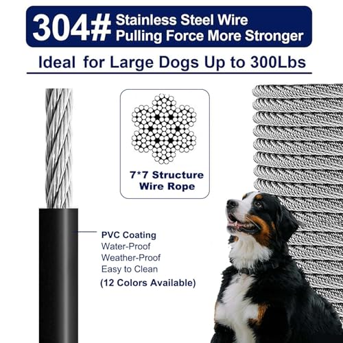 75Ft Dog Tie Out Cable, Dog Leads for Small to Large Pets Up to 300 Pounds, 5mm Heavy Duty 1000lbs Break Strength Galvanized Braided Steel Pet