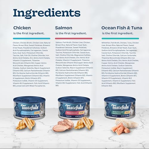 Blue Buffalo Tastefuls Natural Pate Wet Cat Food Variety Pack, Salmon, Chicken, Ocean Fish & Tuna Entrées 3-oz Cans (12 Count - 4 of Each Flavor)