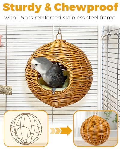 Chewproof Steel Frame Bird Nest for Cage, Washable Small Bird Bed Hammock Hideout Lay Eggs Parakeet Nest Sleep, Parakeet Warm Bed House Hut for