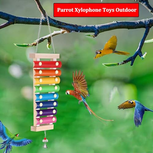 Large Parrot Suspensible Xylophone Toy, Multicolored Natural Wooden Bird Chewing Toys with Grinding Stone for Large, Medium Birds, Macaws, African