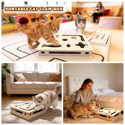 Cat Scratch Puzzle Enrichment Box, Large Solid Wood Construction Cat Nail File Enrichment Box with Sandpaper Inside, Cat Nail File Box Stress Free