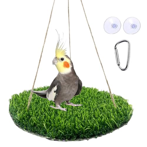 FlidRunest Large Bird Foraging Mat Toys, Natural Bird Grass Hammock Swing Toy with Hooks, Climbing Perch Hanging Toy for Parakeets, Parrot