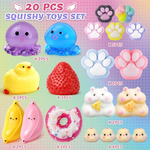 20Pcs Taba Squishy Pack Fidget Toys, Include Squishies Chick, Cat Paws, Hamster, Strawberry Toys, Sensory Toys for Kids, Classroom Birthday Gifts